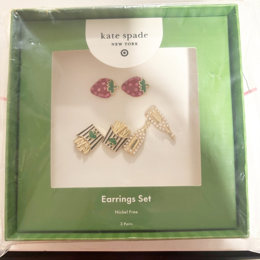 Kate Spade New York 3 Pair Earring‎ Set Strawberry French Fries Champagne Studs